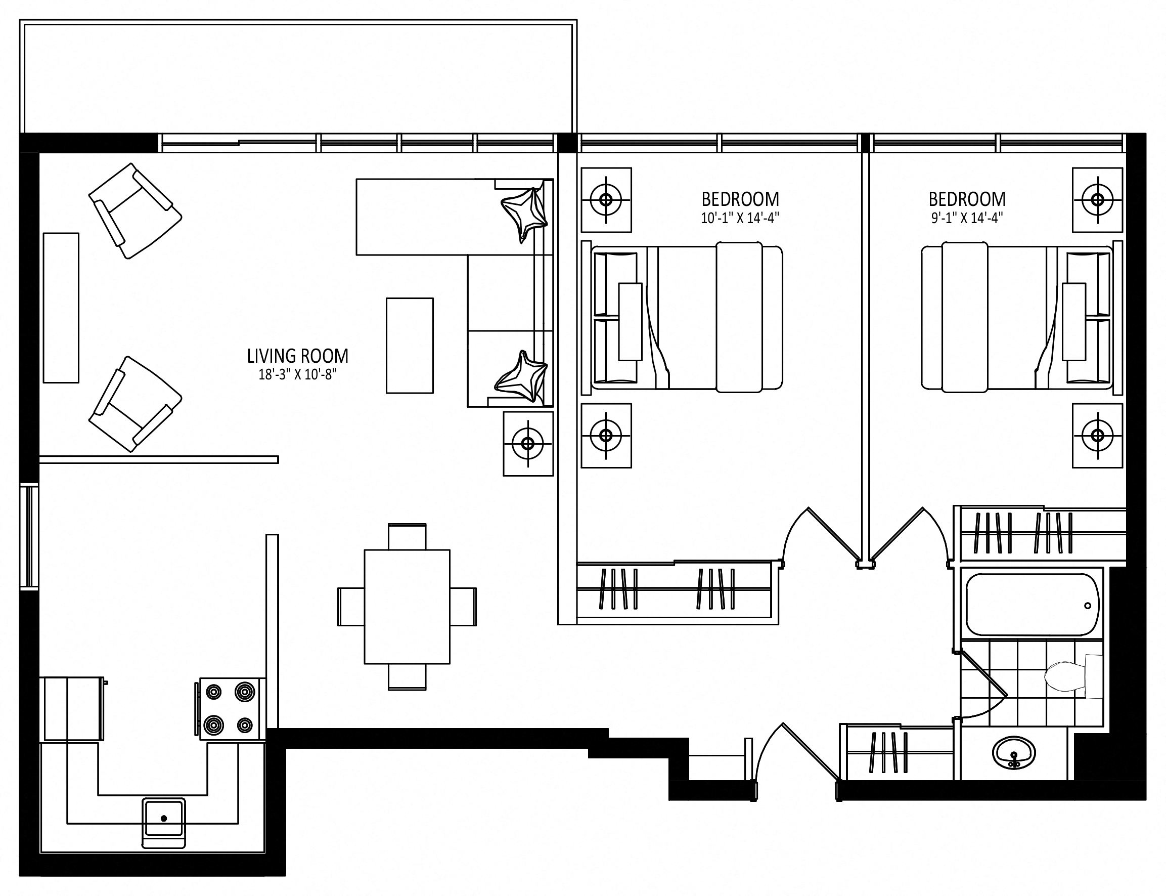 Floor plan for 2 beds, 1 bath, 905 sqft